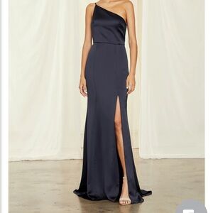 Amsale Kaia satin, maxi dress, one shoulder, spaghetti strap.